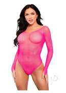 Leg Avenue Crystalized Fishnet Thong Back Bodysuit Neon Pink showcasing stunning fishnet design and crystalized finish.