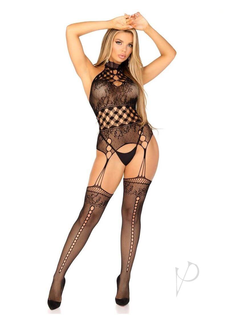 Leg Avenue High Neck Halter Bodystocking with fishnet design and attached stockings, perfect for sexy lingerie looks.