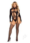 Leg Avenue Fishnet Bodystocking and Cut-Out Teddy Set Black showcased on a model, featuring daring cut-outs and fishnet design.