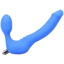 Tantus Strapless Slim Vibrating Strap-on Dildo Azure in blue silicone with rounded bulb and natural shaft angle.