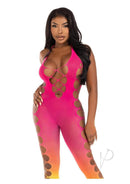 Leg Avenue Ombre Faux Lace Up Footless Bodystocking Sunset showcasing ombre colors in a stylish design.