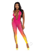 Leg Avenue Ombre Faux Lace Up Footless Bodystocking Sunset model featuring vivid sunset tones and corset-style design.