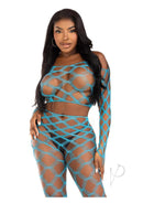 Leg Avenue Hardcore Net Crop Top and Tights Turquoise displayed on a model featuring bold fishnet design.