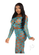 Leg Avenue Hardcore Net Crop Top and Tights Turquoise worn by a model, showcasing bold fishnet design.