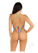 Leg Avenue Rainbow Stripe Cross-Over Halter Bodysuit showcasing a colorful back design and flattering silhouette.