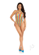 Leg Avenue Rainbow Stripe Cross-Over Halter Bodysuit featuring vibrant rainbow stripes and a flattering halter silhouette.