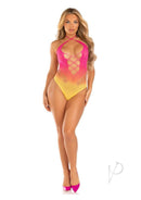 Leg Avenue Seamless Ombre Halter Bodysuit One Size Sunset model showcasing gradient colors and halter design.