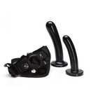 Tantus Bend Over Intermediate Strap-on Harness Kit Onyx with velvet harness and two Silk dildos.