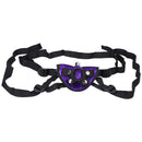 Tantus Sport Vibrating Dildo Kit Amethyst adjustable velvet harness for strap-on use.