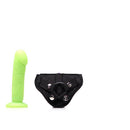 Tantus Vamp Strap-on Harness Kit Lime featuring a silicone dildo and adjustable velvet harness.