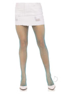 Leg Avenue Spandex Industrial Net Tights One Size Neon Blue displayed with a white mini skirt and stylish heels.