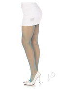 Leg Avenue Spandex Industrial Net Tights One Size Neon Blue worn with a white mini skirt and heels.