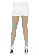 Leg Avenue Spandex Industrial Net Tights One Size Neon Blue worn with a white skirt and heels, showcasing a bold look.