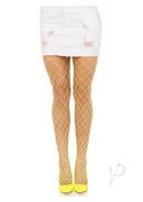 Leg Avenue Spandex Diamond Panty Hose in Neon Yellow worn with a white distressed mini skirt and yellow high heels.