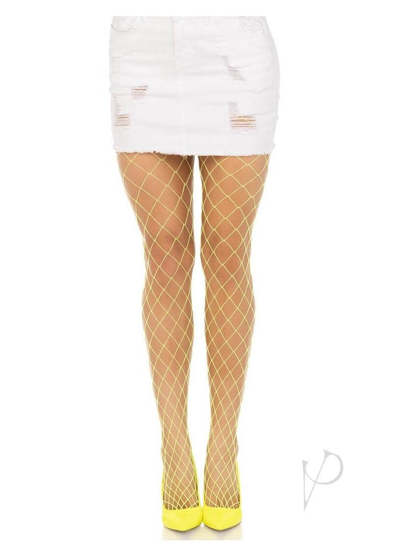 Leg Avenue Spandex Diamond Panty Hose in Neon Yellow worn with a white distressed mini skirt and yellow high heels.