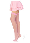 Leg Avenue Nylon Fishnet Stocking OS Pink worn with a pink skirt showcasing stylish fishnet design and lace top.