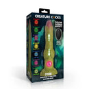Creature Cocks Eyegor Thrusting & Vibrating Silicone Dildo Green packaging with features and remote control.