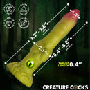 Creature Cocks Eyegor Thrusting & Vibrating Silicone Dildo Green with dimensions and feature highlights