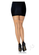 Leg Avenue Lycra Cuban Foot Stocking One Size Nude and Black worn with a short black skirt and high heels.