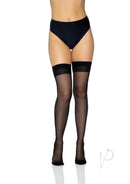 Leg Avenue Lycra Cuban Foot Stocking OS Black on model, thigh-high stockings with sheer fabric and black bands.