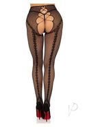 Leg Avenue French Cut Crotchless Fishnet Tights Black showcasing heart-detailed backseam and faux lace-up design.