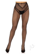 Leg Avenue French Cut Crotchless Fishnet Tights Black showcasing high-waisted design and heart-detailed backseam.