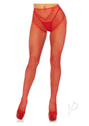Leg Avenue French Cut Crotchless Fishnet Tights Red showcased on a model wearing red heels.