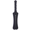 Tantus Trip 2 Tawse Dildo Paddle Whip Black with a textured handle and double tongues for impact play.