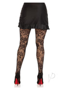 Leg Avenue Wild Rose Net Tights O/S Black paired with a black skirt and high heels, showcasing floral netting.