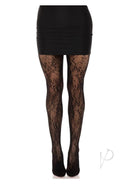 Leg Avenue Garden Rose Lace Tights One Size Black worn with a short black skirt showcasing intricate lace design.