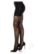 Leg Avenue Garden Rose Lace Tights One Size Black displayed on model with black dress and high heels.