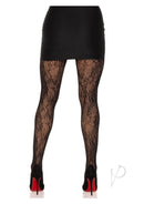Leg Avenue Garden Rose Lace Tights One Size Black displayed under a short black skirt with high heels.
