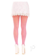 Leg Avenue Sweetheart Striped Net Tights OS Pink worn with a white lace skirt and heels, showcasing playful legwear.