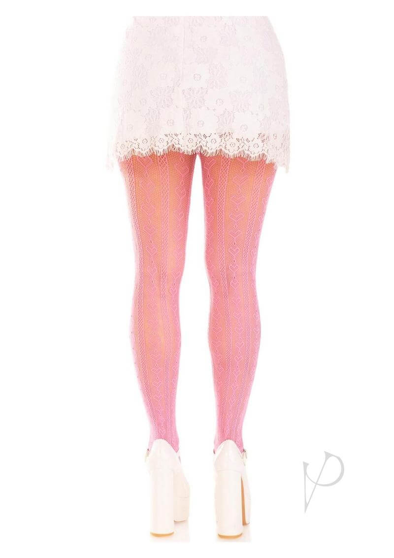 Leg Avenue Sweetheart Striped Net Tights OS Pink worn with a white lace skirt and heels, showcasing playful legwear.