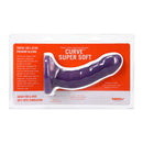 Tantus Curve Super Soft G-spot Dildo Amethyst packaging showing its features and benefits for targeted stimulation.