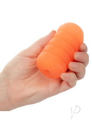 Pop Sock Ribbed Reversible Stroker Orange held in hand, showcasing its soft, ribbed texture and bright color.