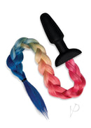 Whipsmart Silicone Plug 3.75 Inch Rainbow Tail Multicolor with braided multicolored tail and smooth black silicone plug.
