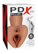 PDX Plus Pick Your Pleasure XL Stroker Pussy and Ass Caramel packaging featuring realistic openings and large size.