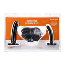 Tantus Bend Over Beginner Strap-on Harness Kit Onyx packaging displaying dildos and harness features.