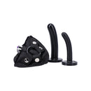 Tantus Bend Over Beginner Strap-on Harness Kit Onyx with adjustable harness and two silicone dildos.