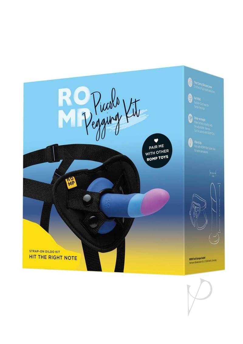 ROMP Piccolo Pegging Kit with silicone dildo and adjustable harness packaging