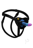 Adjustable harness with non-realistic silicone dildo from the ROMP Piccolo Pegging Kit displayed against a white background.