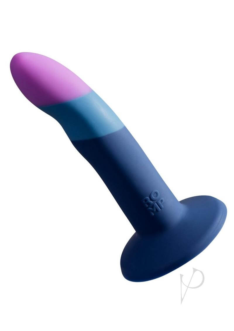 Non-realistic silicone dildo from the ROMP Piccolo Pegging Kit featuring multicolored design.