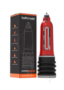 Bathmate Hydromax8 Penis Pump Red with packaging, highlighting its water-powered design for effective pumping.