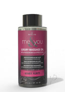 Me and You Pheromone Infused Massage Oil Berry Flirty 2 Oz in a sleek bottle, perfect for romantic massages.