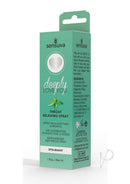 Deeply Love You Throat Relaxing Spray Spearmint 1 Oz packaging with fresh mint leaves on a teal background.