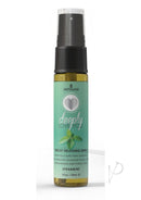 Deeply Love You Throat Relaxing Spray Spearmint 1 Oz bottle with spearmint leaves, designed for throat relaxation.