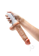 Dr Skin Dr Hammer 7 Inch Silicone Thrusting Dildo Vanilla held in hand with remote buttons visible.