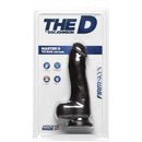 The D Master D 7.5 Inch Dildo With Balls Firmskyn Chocolate in packaging by Doc Johnson.