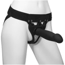Body Extensions Be Bold Silicone Harness 8 Inch Dong Black on a mannequin showcasing its unique design.